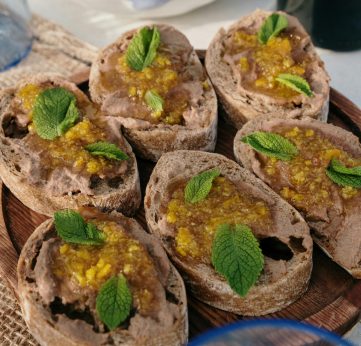 Brown and Green Food on Blue and White Ceramic Plate